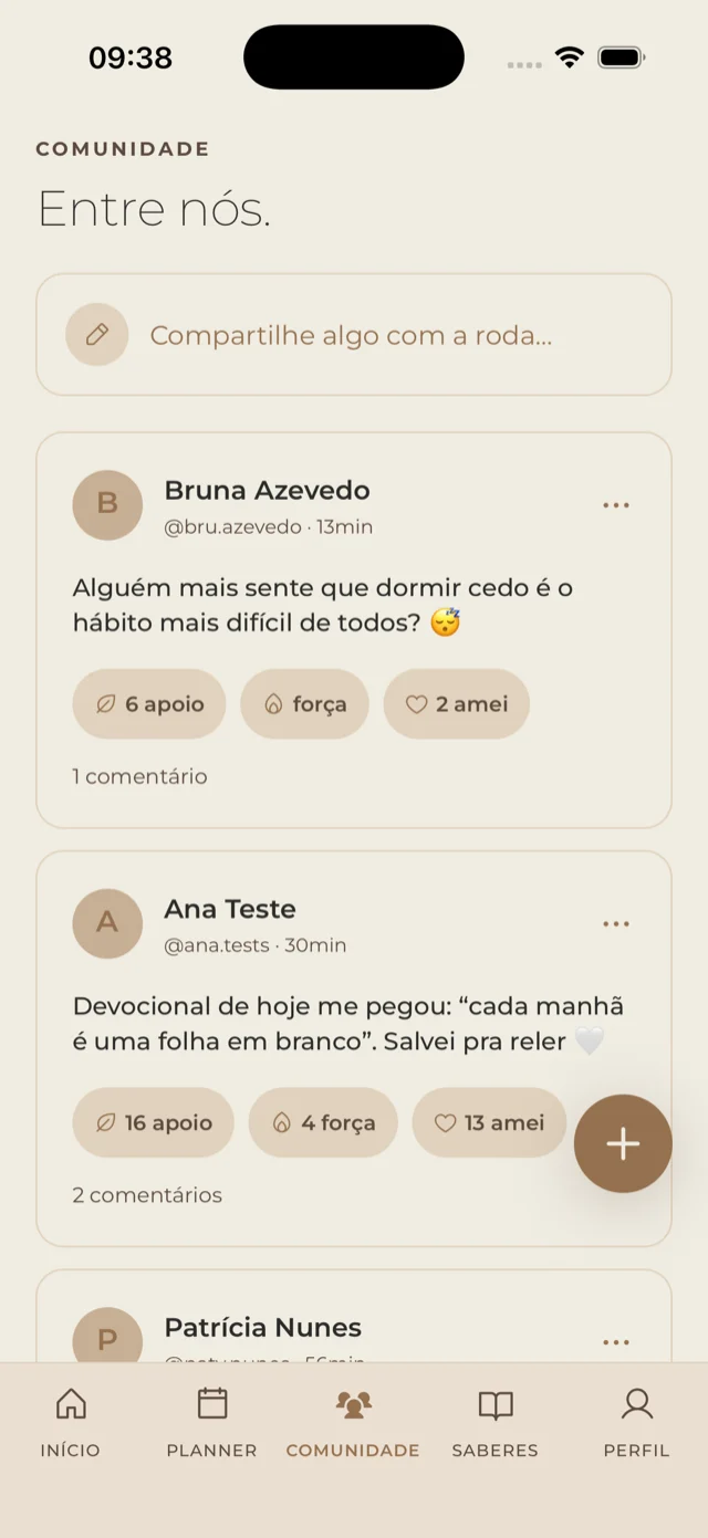 Feed da comunidade do app, com publicações, reações e comentários