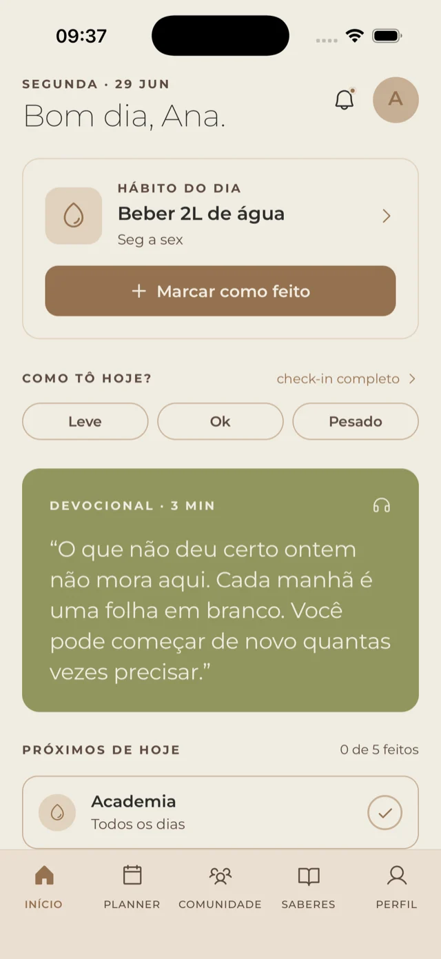 Tela inicial do app, com hábito do dia e check-in